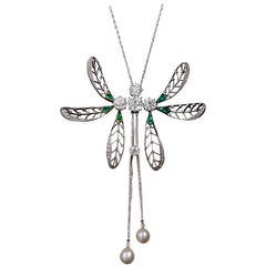 Philippe Wolfers Mistletoe Pearl Emerald Diamond Platinum Pendant