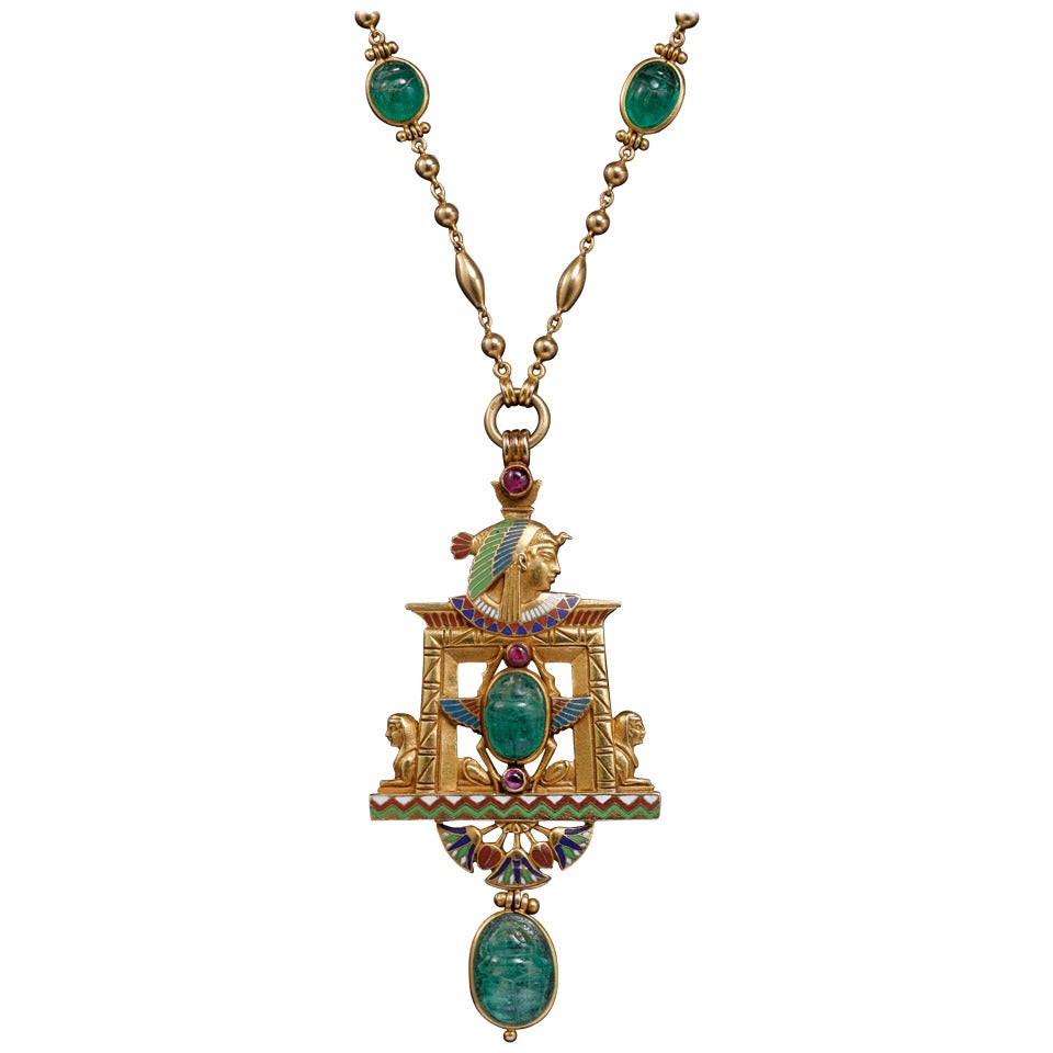 Jules Wiese Pearl Enamel Emerald Gold Egypt Pendant For Sale