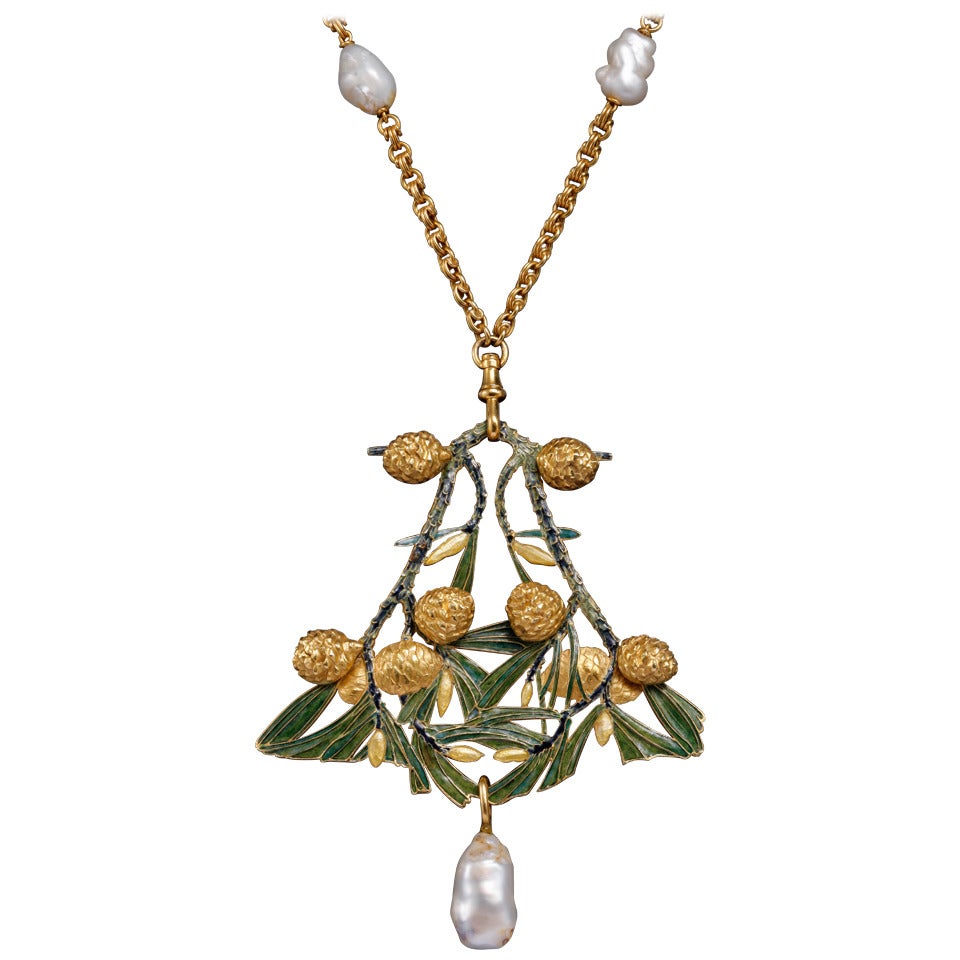 Rene Lalique Automne Enamel Pearl Gold Pendant