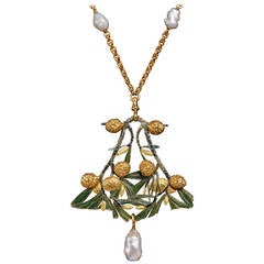 Antique Rene Lalique Automne Enamel Pearl Gold Pendant