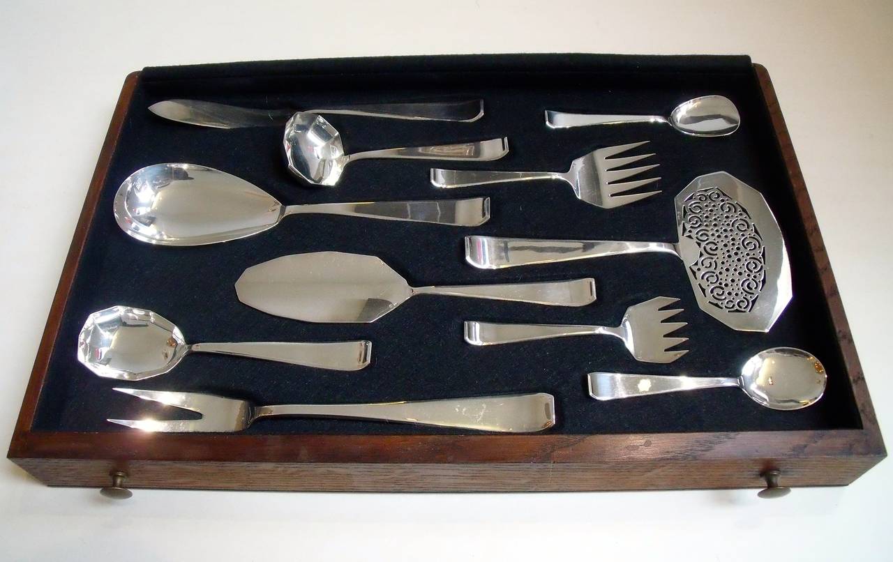 Early 20th Century Philippe Wolfers Art Deco Mona Lisa Silver Flatware Set and Wood Chest For Sale