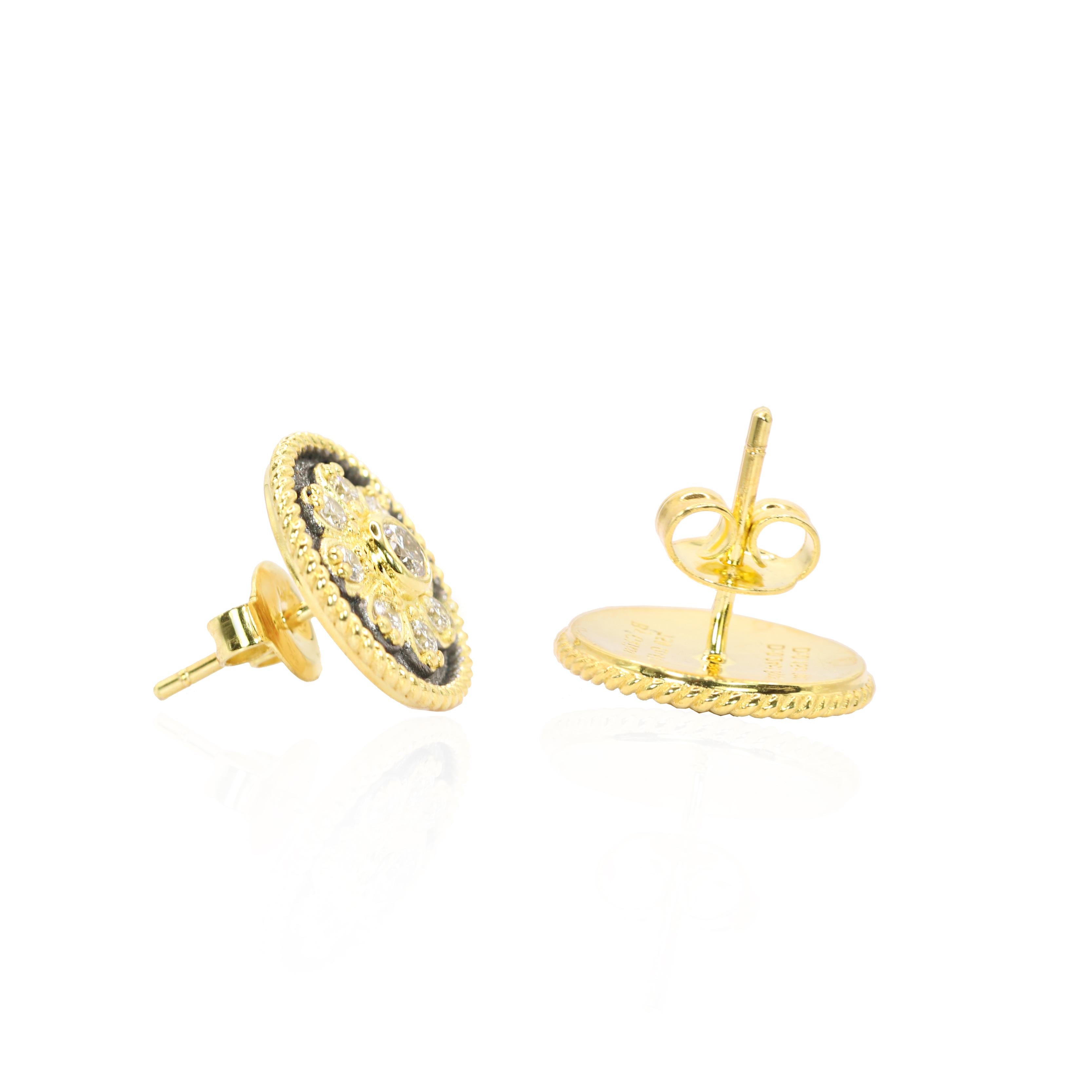 Byzantin Georgios Collections Boucles d'oreilles en or jaune 18 carats avec diamants et rhodium noir en vente