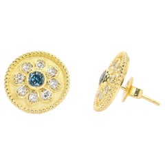 Georgios Collections 18 Karat Yellow Gold Flower Blue and White Diamond Earrings