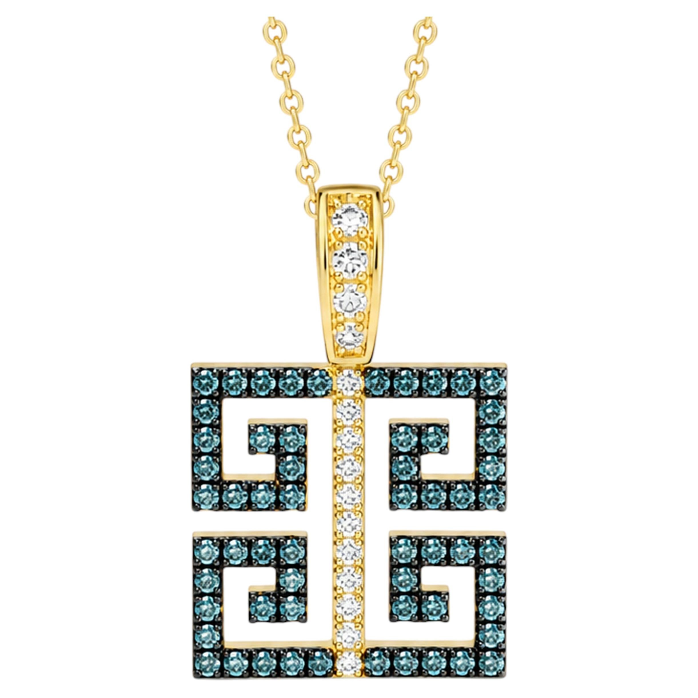 Georgios Collections 18 Karat Yellow Gold Greek Key Blue & White Diamond Pendant For Sale
