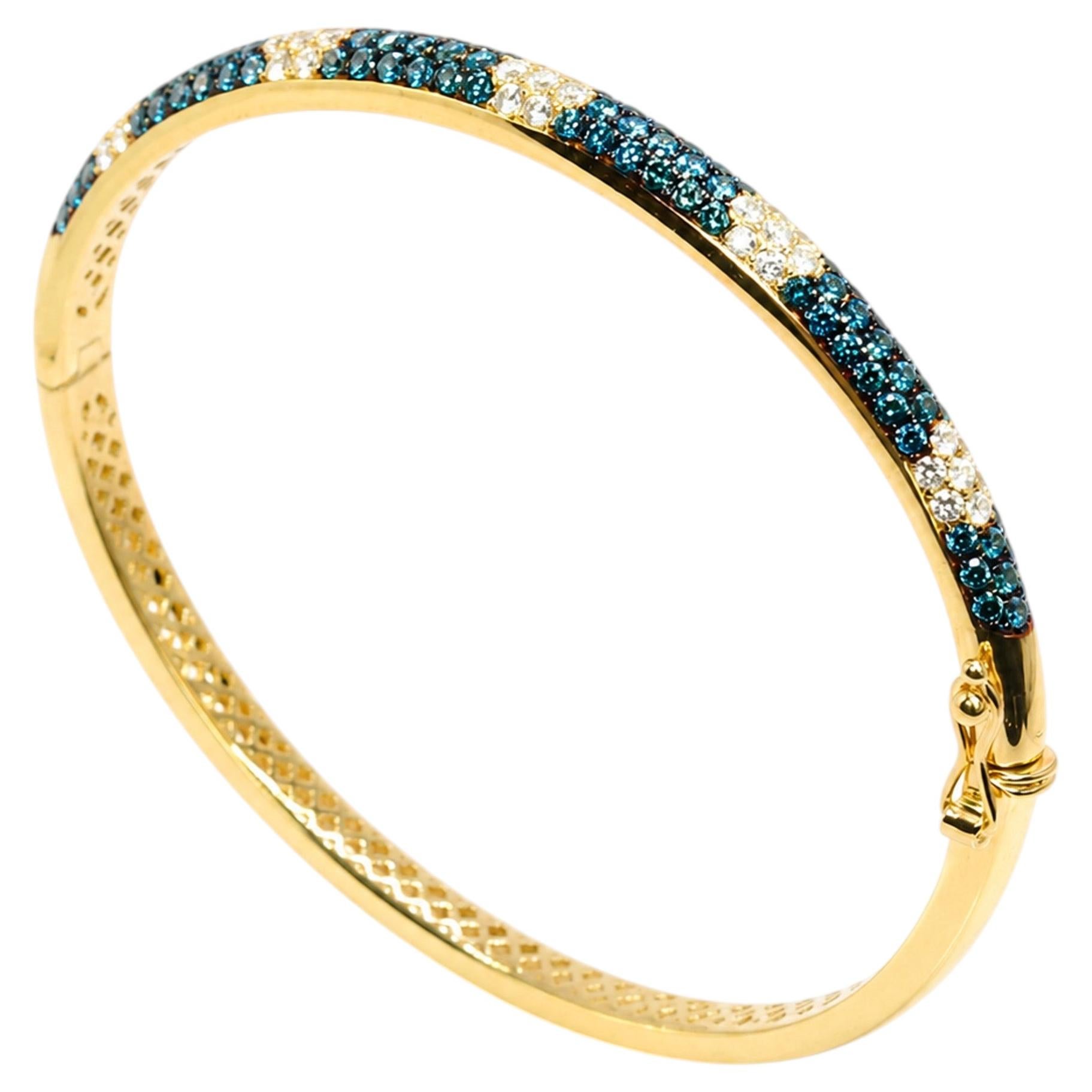 Georgios Collection 18 Karat Yellow Gold Blue Diamond Bangle with Diamond Flower For Sale
