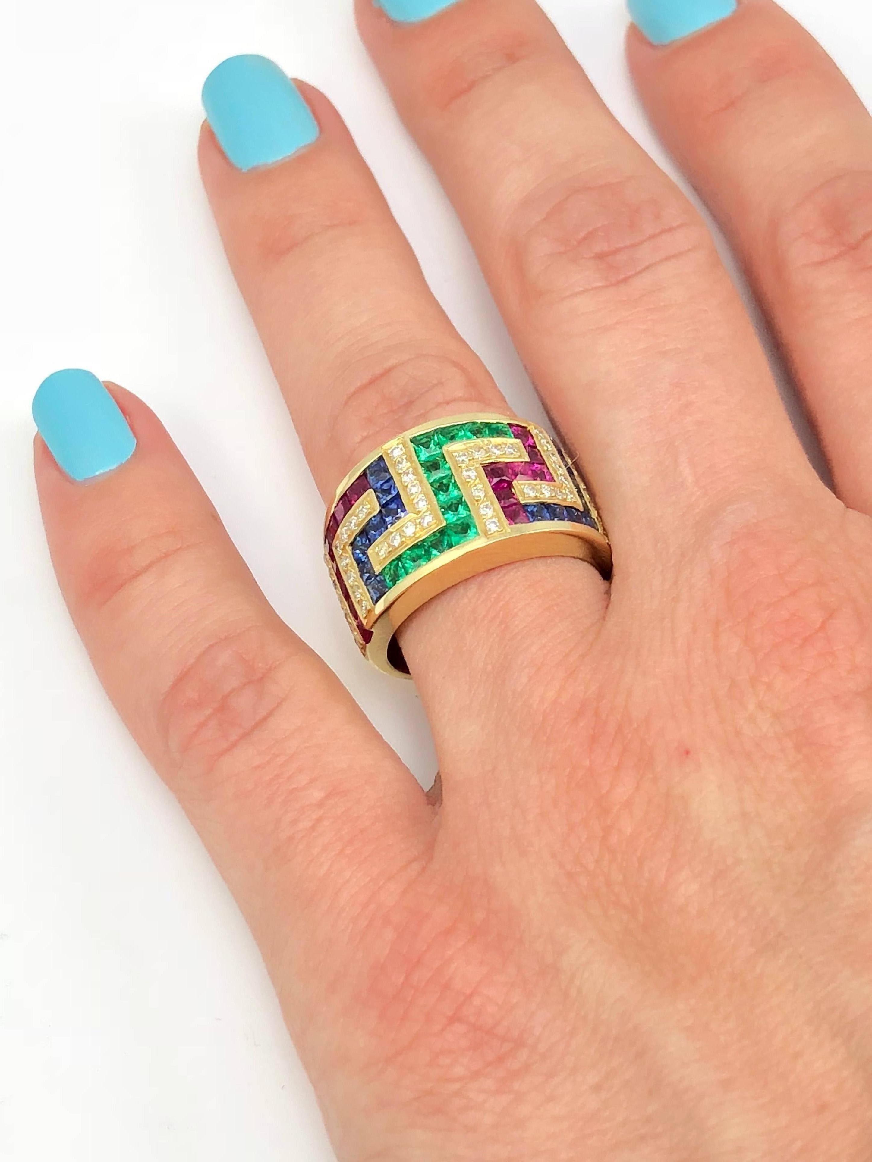 Women's Georgios Collections 18 Karat Yellow Gold Greek Key Ruby Sapphire Emerald Ring