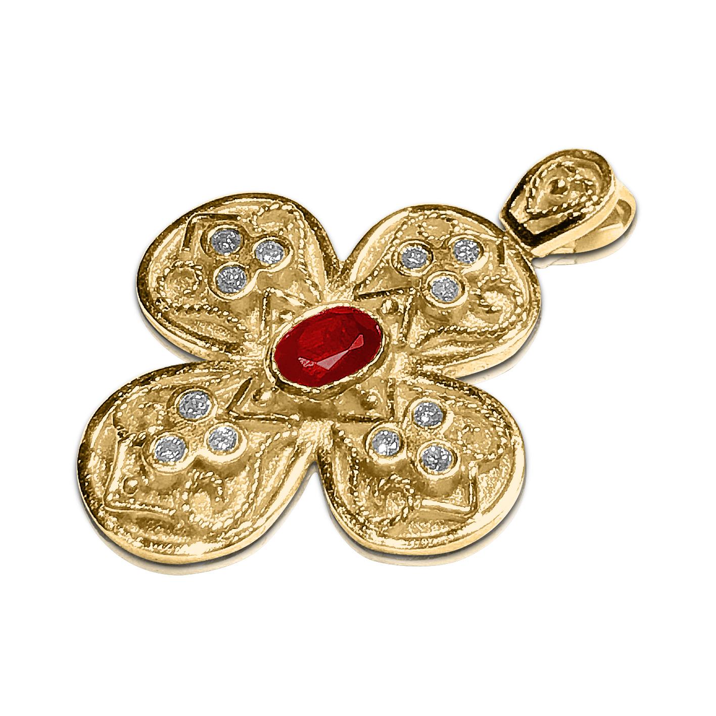S.Georgios Byzantine Style Cross is handmade from solid 18 Karat Yellow Gold and features a Ruby oval shape total weight of 0,70 Carat and Diamonds total weight of 0,24 Carat. This art piece is made as an inspiration from the Byzantine Museum in