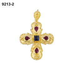 Georgios Collection 18 Karat Gold Sapphire and Ruby Cross with Granulation work