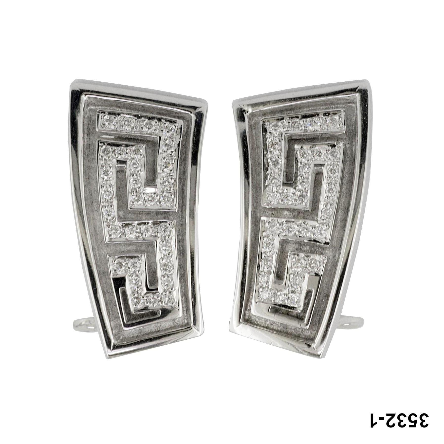 S. Georgios 18 Karat White Gold Hand Made Diamond Earrings with the Greek Key design all custom-made that symbolizes eternity. It is known as the symbol of long life and is one of the most classic designs in the world.
The stunning earrings are