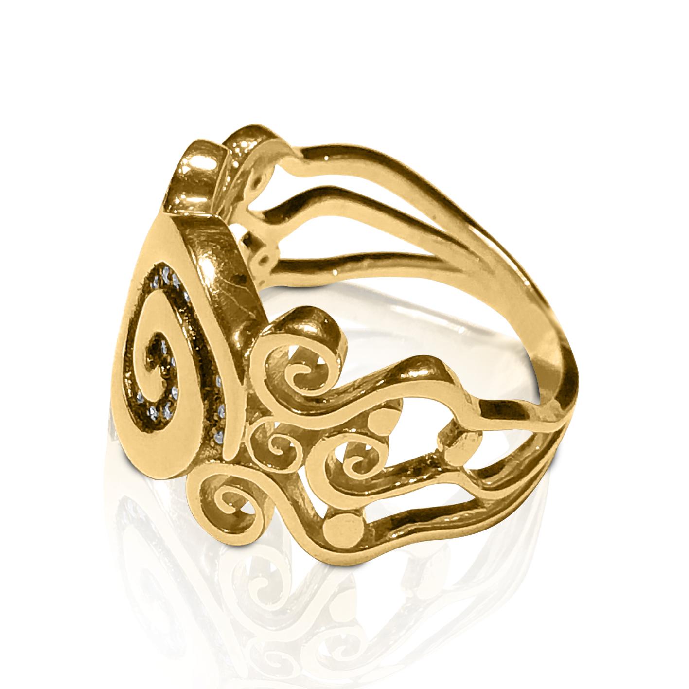 S. Georgios Bague en or jaune 18 carats faite à la main et ornée de diamants avec le motif de la clé grecque qui symbolise l'éternité. Ce motif est connu comme le symbole d'une longue vie et est l'un des motifs les plus classiques au monde.
Cette
