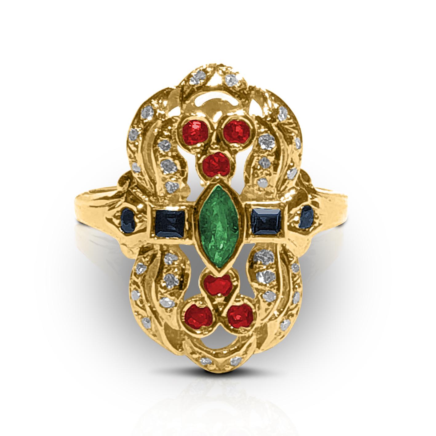 S.Georgios Hand Made 18 Karat Yellow Gold Ring decorated with Byzantine-era style granulation and a combination of Diamonds, Rubies, Emerald, and Sapphires.
The stunning ring features Brilliant cut Diamonds with a total weight of 0.22 Carat, and