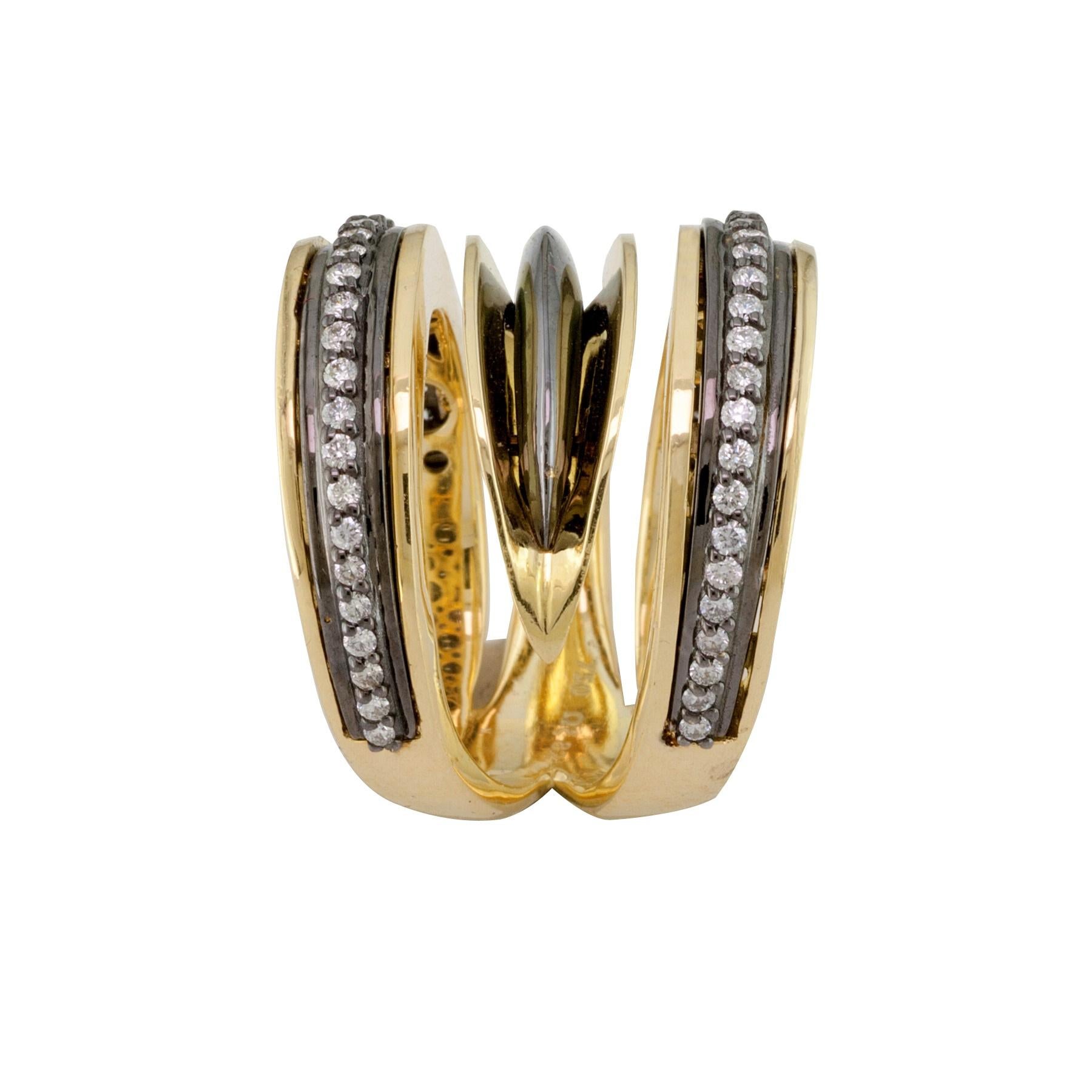 S. Georgios 18 Karat Yellow Gold Diamond Ring which is Designed with Architectural precision. 
The stunning ring is unique as a design and features White Brilliant cut Diamonds total weight of 0,60 Carat and Black Rhodium prongs and background done