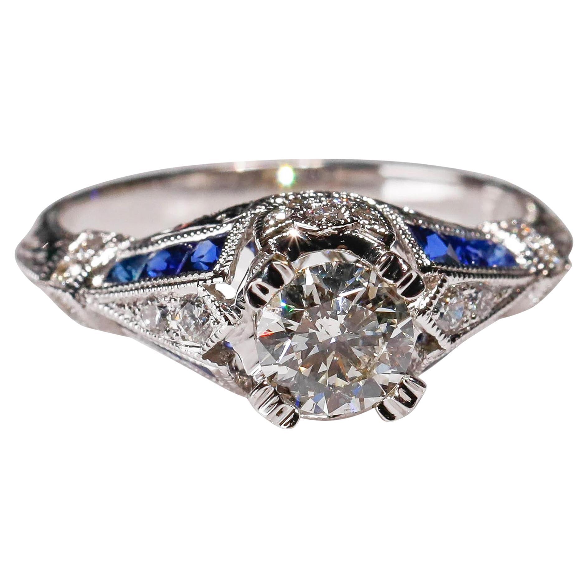 18 Karat White Gold 1.03 Carat Diamond 0.22 Carat Sapphire Engagement Ring For Sale