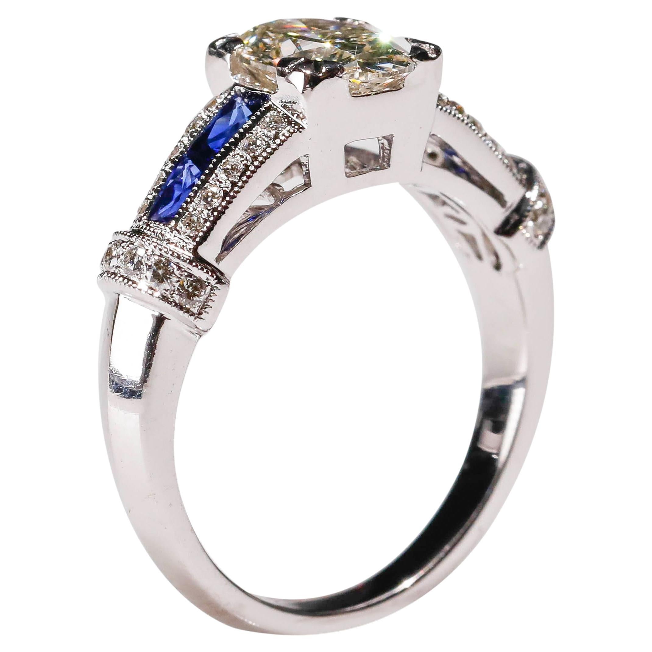 1.41 CT Diamond Blue Sapphire 18 KT White Gold Engagement Fine Ring

Crafted in 18 kt White Gold, this Unique design showcases blue sapphire 1.41 TCW oval-shaped diamond, set in a halo of oval mesmerizing diamonds, Polished to a brilliant