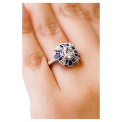 18 Kt Gold 1.17 Carat Diamond 1 Carat Blue Sapphire Round Cocktail Dome Ring