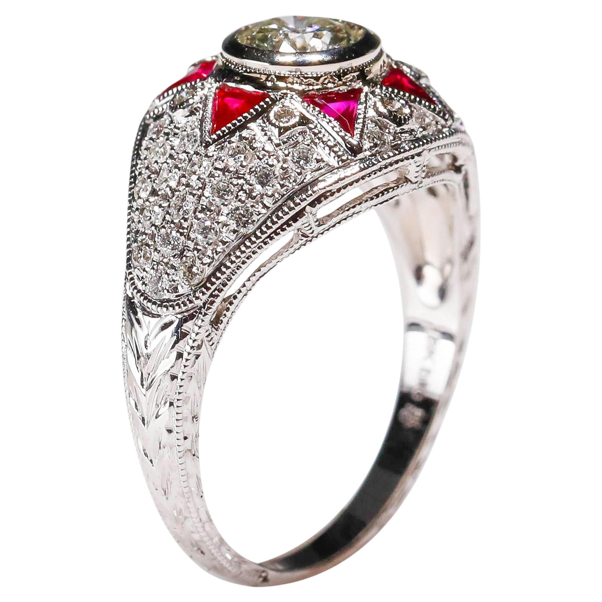 Natural 0.50 Ct Ruby 0.80 Ct Round Diamond 18Kt White Gold Cocktail Halo Ring For Sale