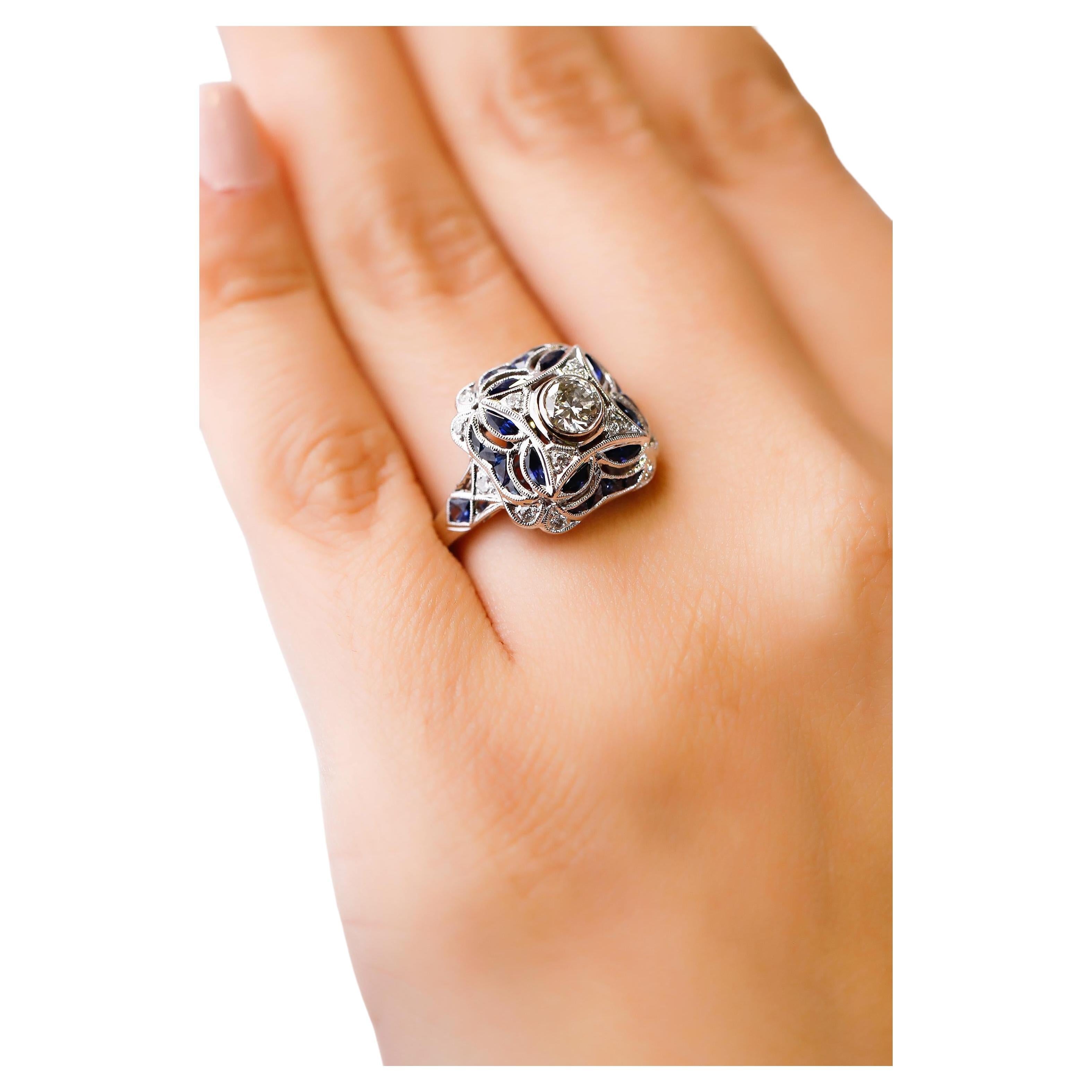 0.5 Carat Sapphire 0.7 Carat Diamond 18K White Gold Ring Art Deco Style