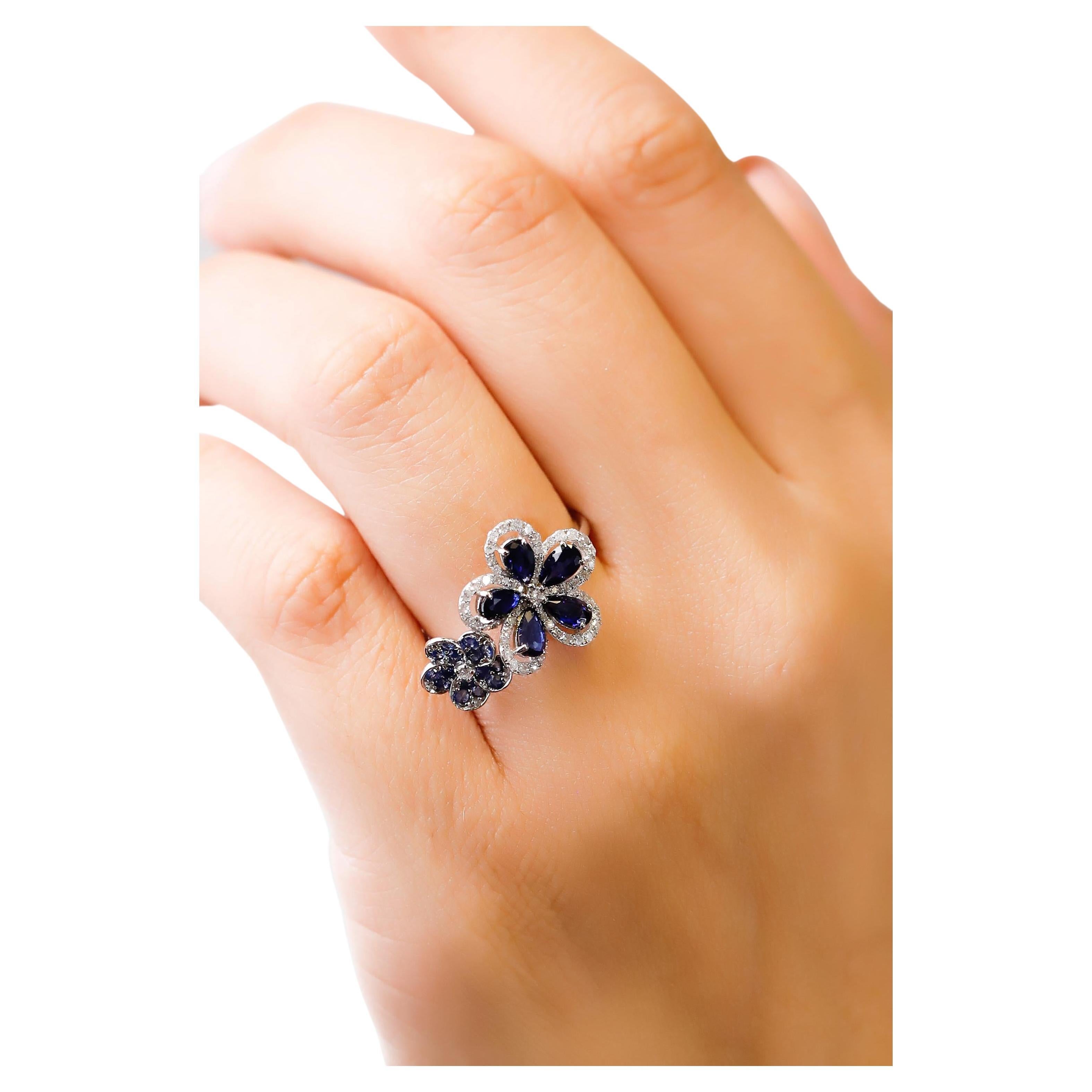14 Karat White Gold Blue Sapphire 0.29 Carat Diamond Double Flower Bridal Ring For Sale