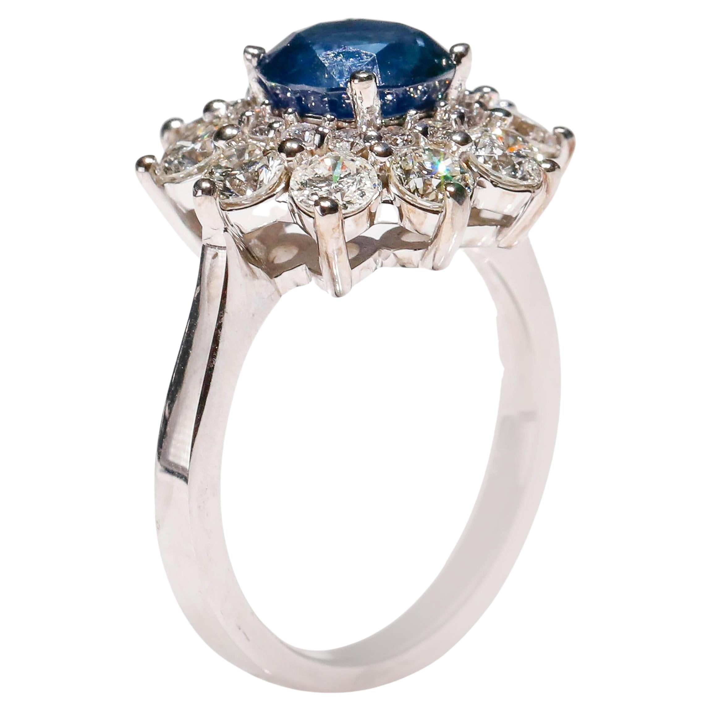 2.7 Carat Round Blue Sapphire 1.9 Carat Diamond 14 Karat Gold Floral Halo  Ring For Sale at 1stDibs