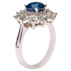 2,7 Karat runder blauer Saphir 1,9 Karat Diamant 14 Karat Gold Floral Halo Ring