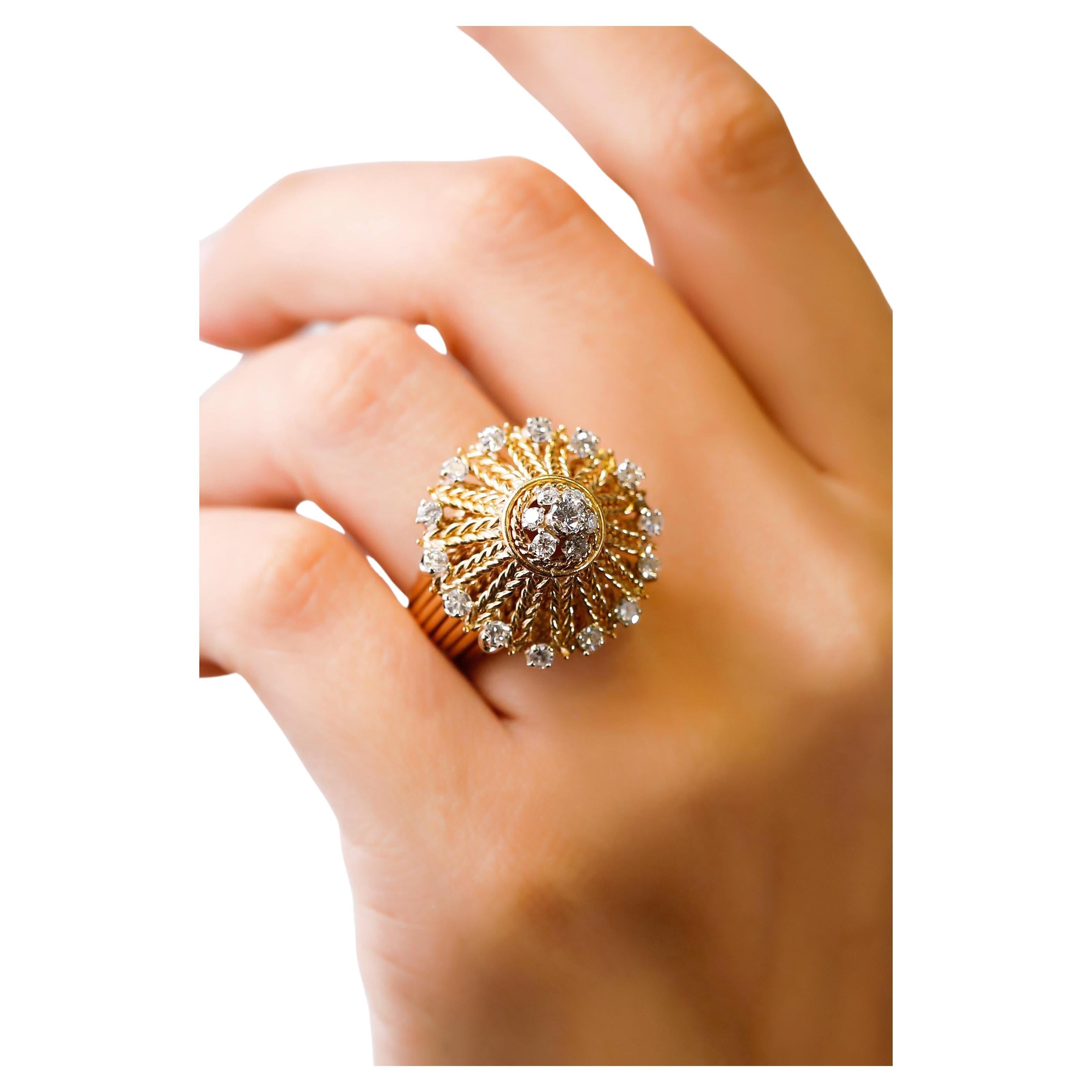 18 Karat Yellow Gold 1.35 Carat White Round Cut Pave Diamond Cocktail Dome Ring For Sale