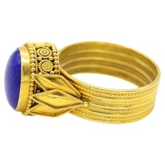 Blue Cabochon Oval Shape Gemstone 22 Karat Yellow Gold Ring 
