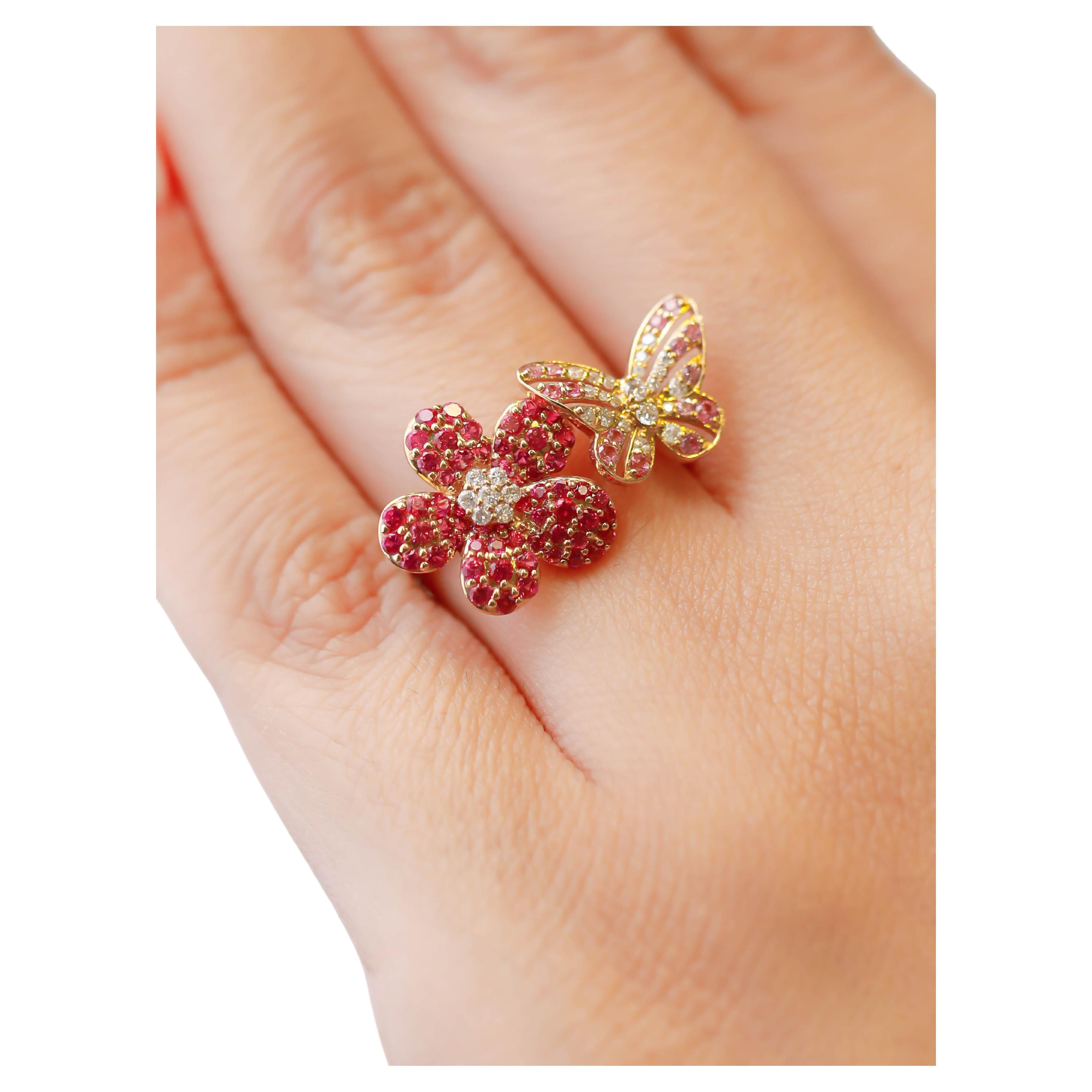 14K Yellow Gold Daisy Flower and Butterfly Ring Pink Sapphire 0.17ct Diamond 