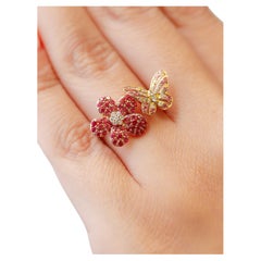 14K Yellow Gold Daisy Flower and Butterfly Ring Pink Sapphire 0.17ct Diamond 