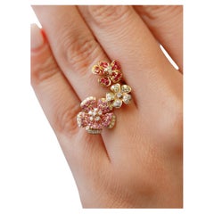 14K Yellow Gold Three Daisy Flower Floral Ring 1.08Ct Pink Sapphire Pave Diamond