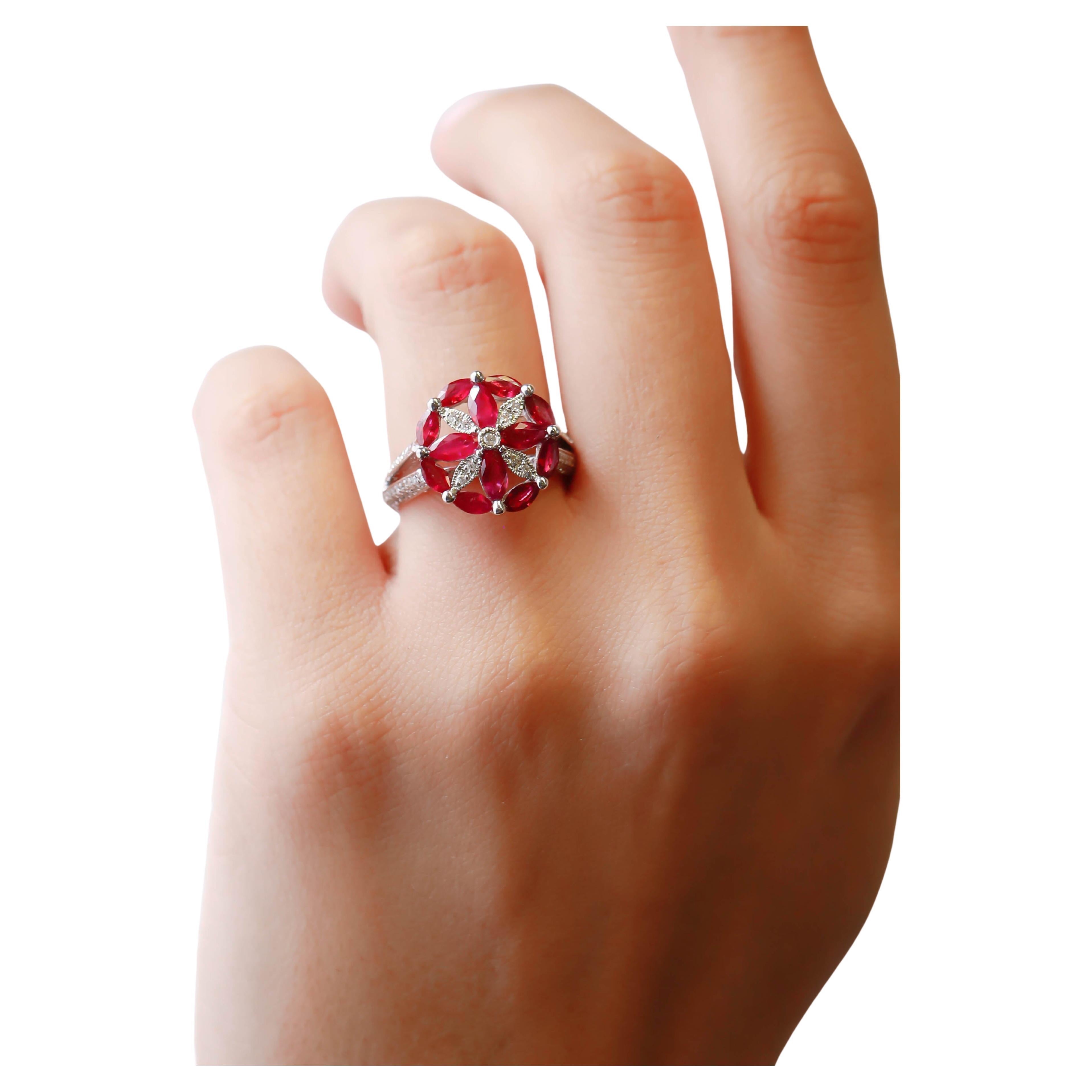 1.00 Carat Marquise Cut Ruby and Round Diamond Pave 18K White Gold Cocktail Ring For Sale