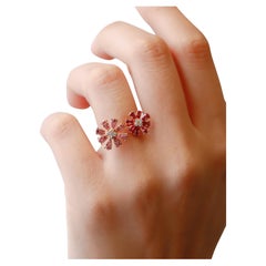 0.93 Ct Diamond Ruby Pink Sapphire Pave Daisy Flower 14K Yellow Gold Ring