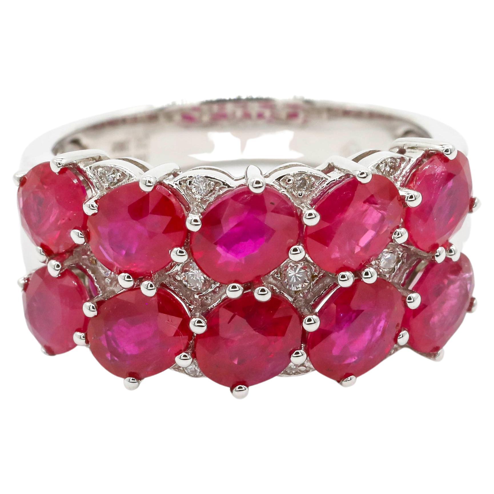 4.68 Carat Oval Cut Ruby and 0.08 Ct Round Diamond 18k White Gold Cluster Ring For Sale