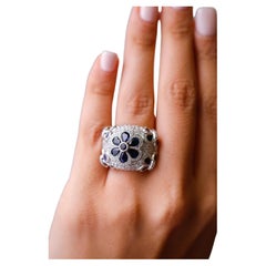 7.66 TCW Blue Sapphire and Pave Diamond Cluster Cocktail Ring in 18k White Gold