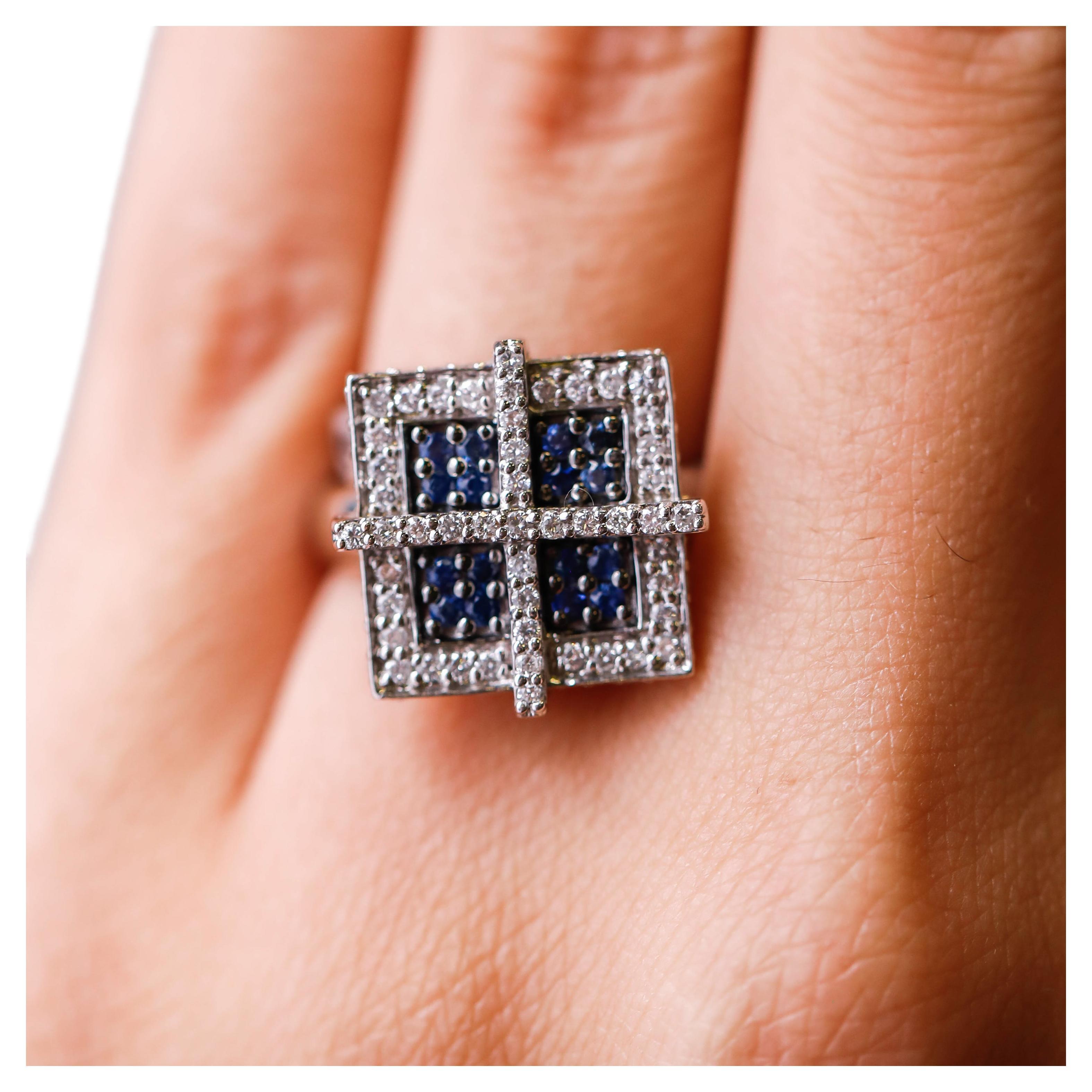 Blue Sapphire 0.69 Ct Diamond Square Frame Ring 14 Karat White Gold US Size 7.2