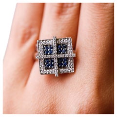 Blue Sapphire 0.69 Ct Diamond Square Frame Ring 14 Karat White Gold US Size 7.2