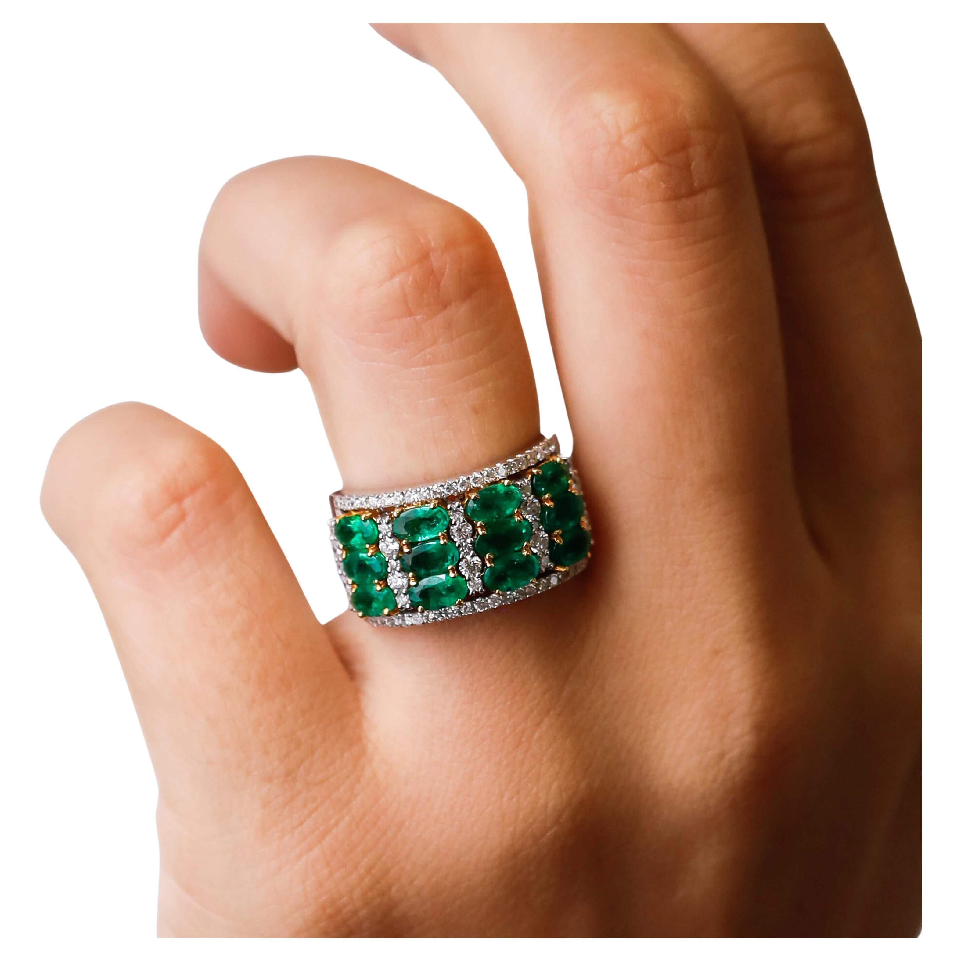2.69 Carat Oval Cut Emerald and Round Diamond Cocktail Ring in 18k Two-Tone Gold