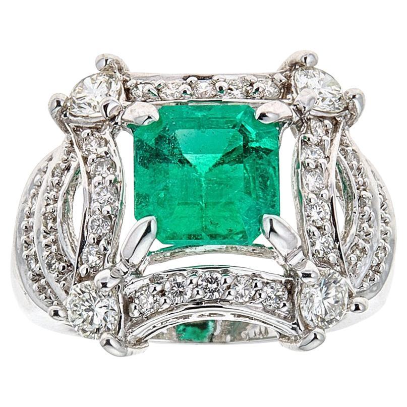 2. 65 Radiant Cut Emerald Diamond Vintage Engagement Ring in 14 karat White Gold For Sale