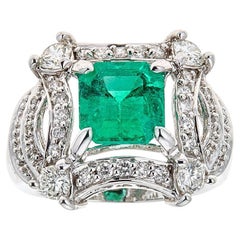 2. 65 Radiant Cut Emerald Diamond Vintage Engagement Ring in 14 karat White Gold
