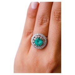 2 TCW Round Cut Emerald Halo Engagement Ring in 18 karat White Gold Size 7.2