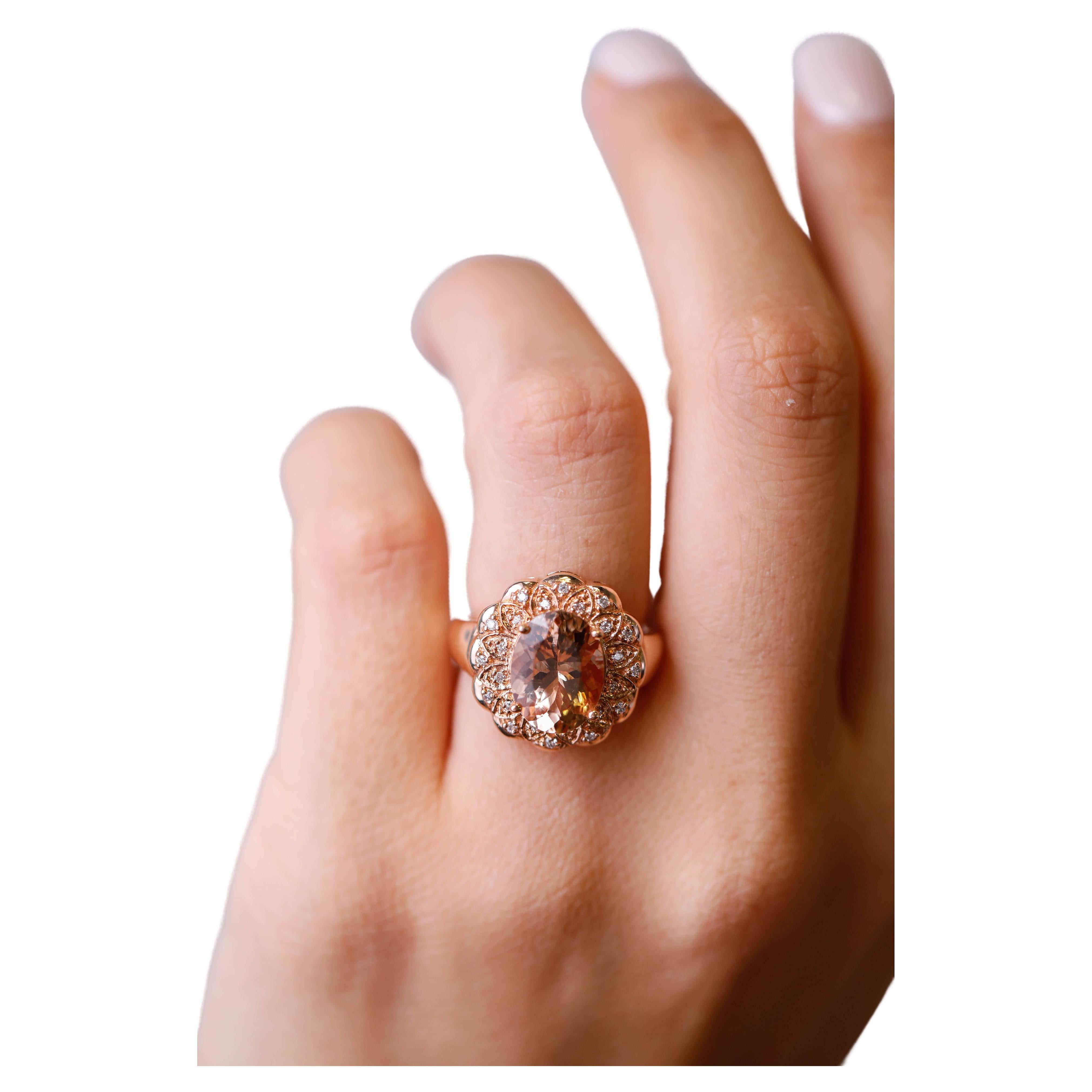 Oval Shaped Pink Morganite Diamond Accent Engagement Ring in 14k Rose Gold For Sale