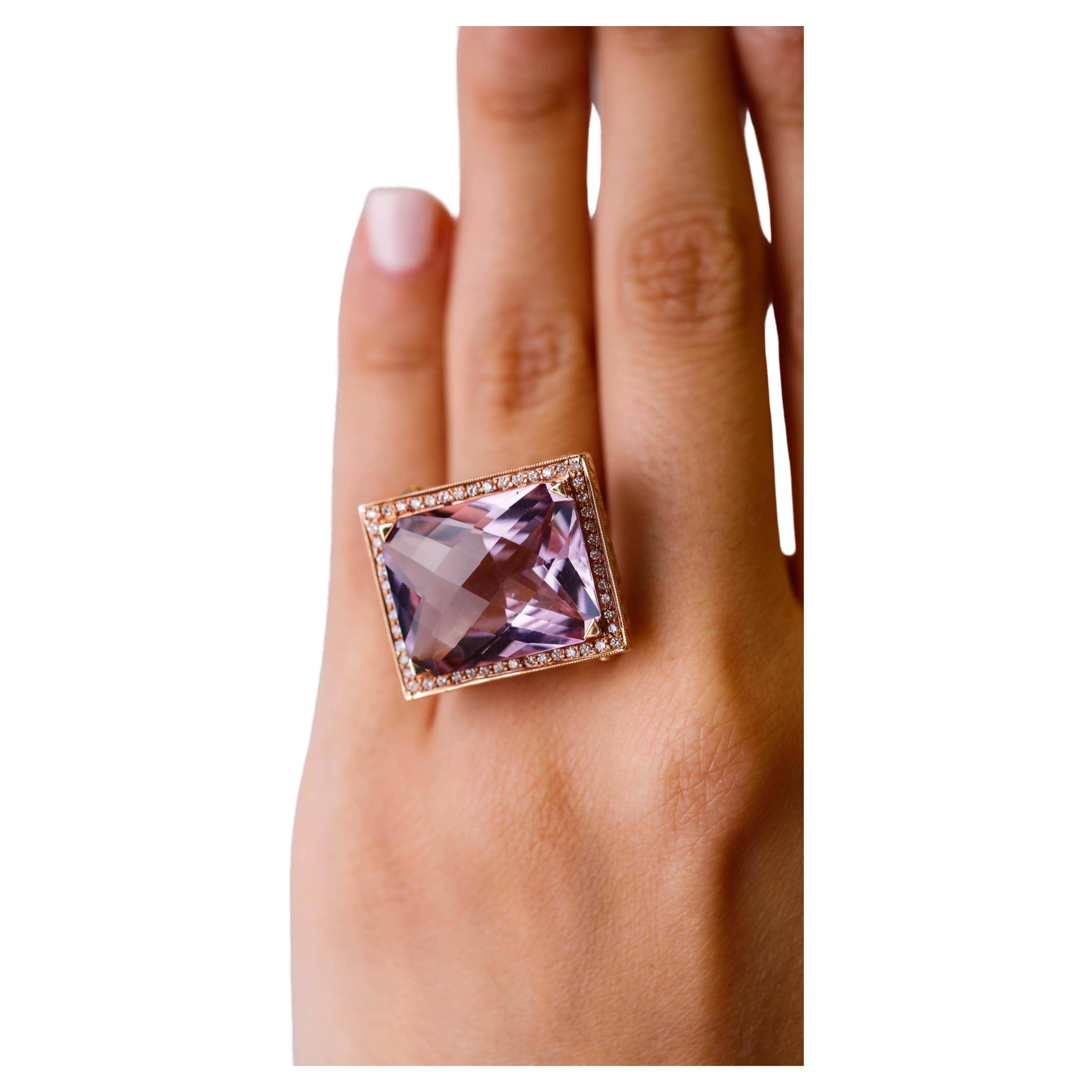Cushion Cut 23 TCW Vivid Amethyst and Diamond Accent in 18k Rose Gold For Sale