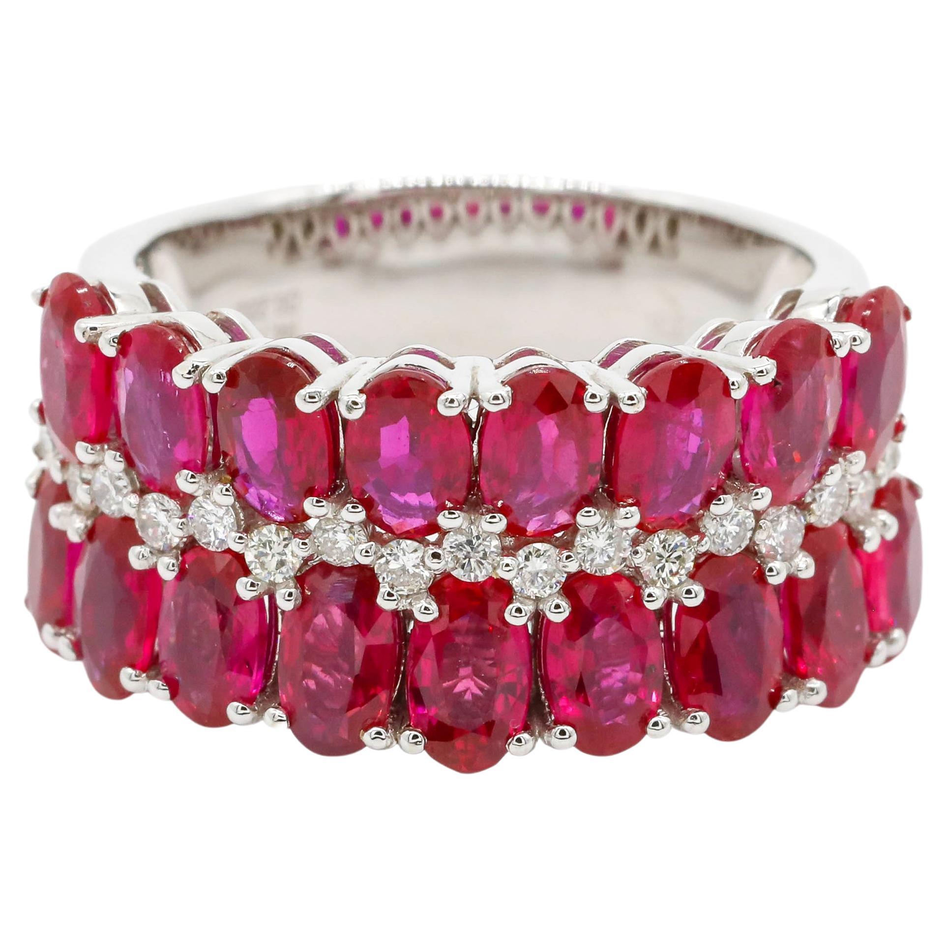 4.75 Carat Oval Cut Ruby and 0.22 Carat Diamond Pave 18K White Gold Cluster Ring For Sale
