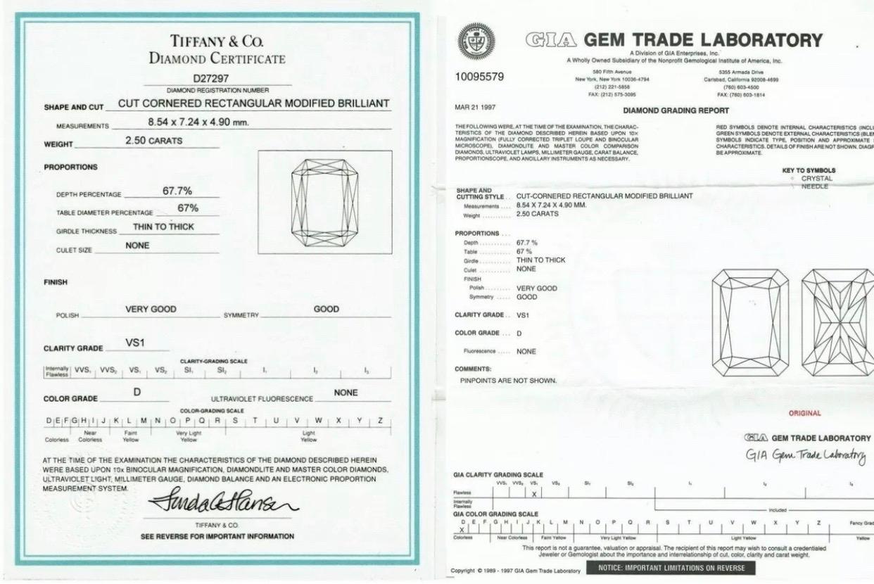 Tiffany & Co. D VS1 2.50 Radiant Cut Platinum Diamond Engagement Ring 3.03 TCW 3