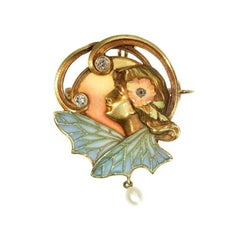 Art Nouveau Plique Ajour Enamel Old Mine Diamond Pearl Pendant Brooch Lady Wings