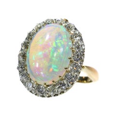 French Antique Opal & 1.71 Carat Old European Diamond Gold Ring Combined Pendant