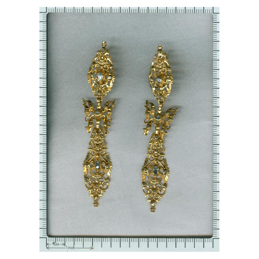 Women's 300 Yrs Old Antique Long Pendent Earrings with Rose Cut Diamonds High Carat Gold For Sale