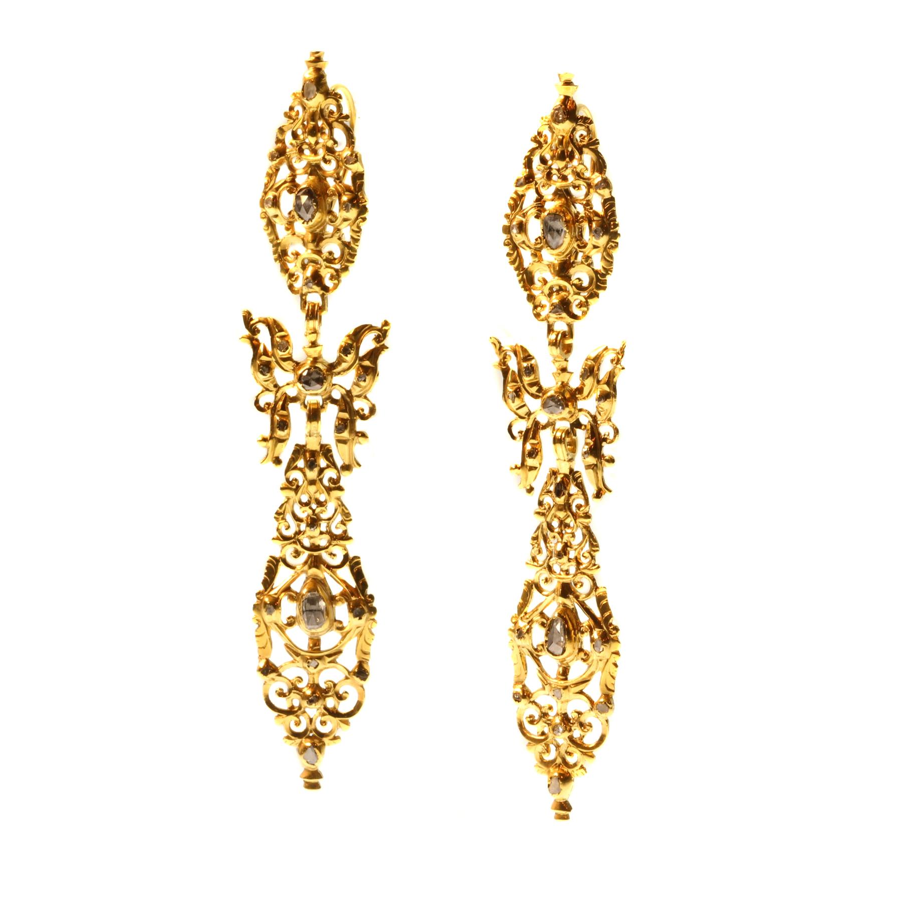 300 Yrs Old Antique Long Pendent Earrings with Rose Cut Diamonds High ...