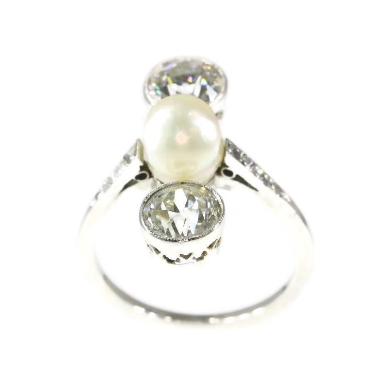Round Cut Platinum Art Deco Engagement Ring Natural Pearl and Big Old Mine Cut Brilliants For Sale