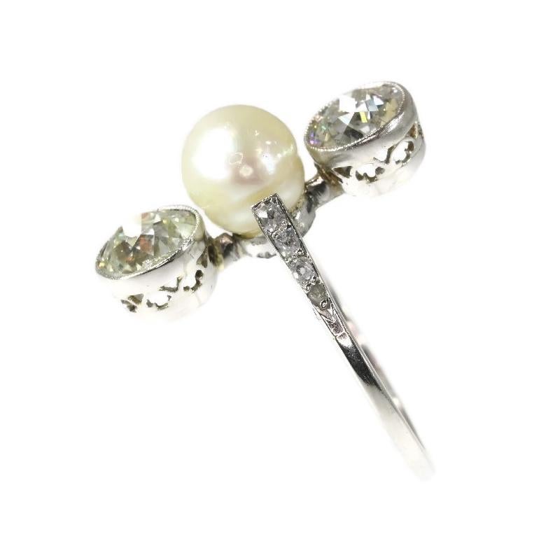 Women's Platinum Art Deco Engagement Ring Natural Pearl and Big Old Mine Cut Brilliants For Sale