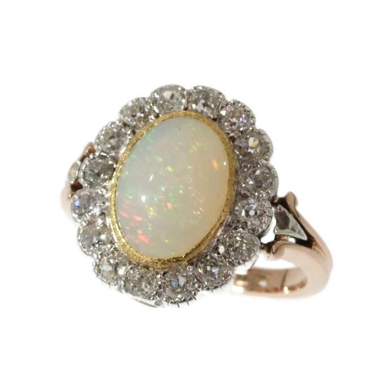 Round Cut Antique Victorian Opal and Diamond Ring Multifunctional as Necklace Clasp, 1880s For Sale